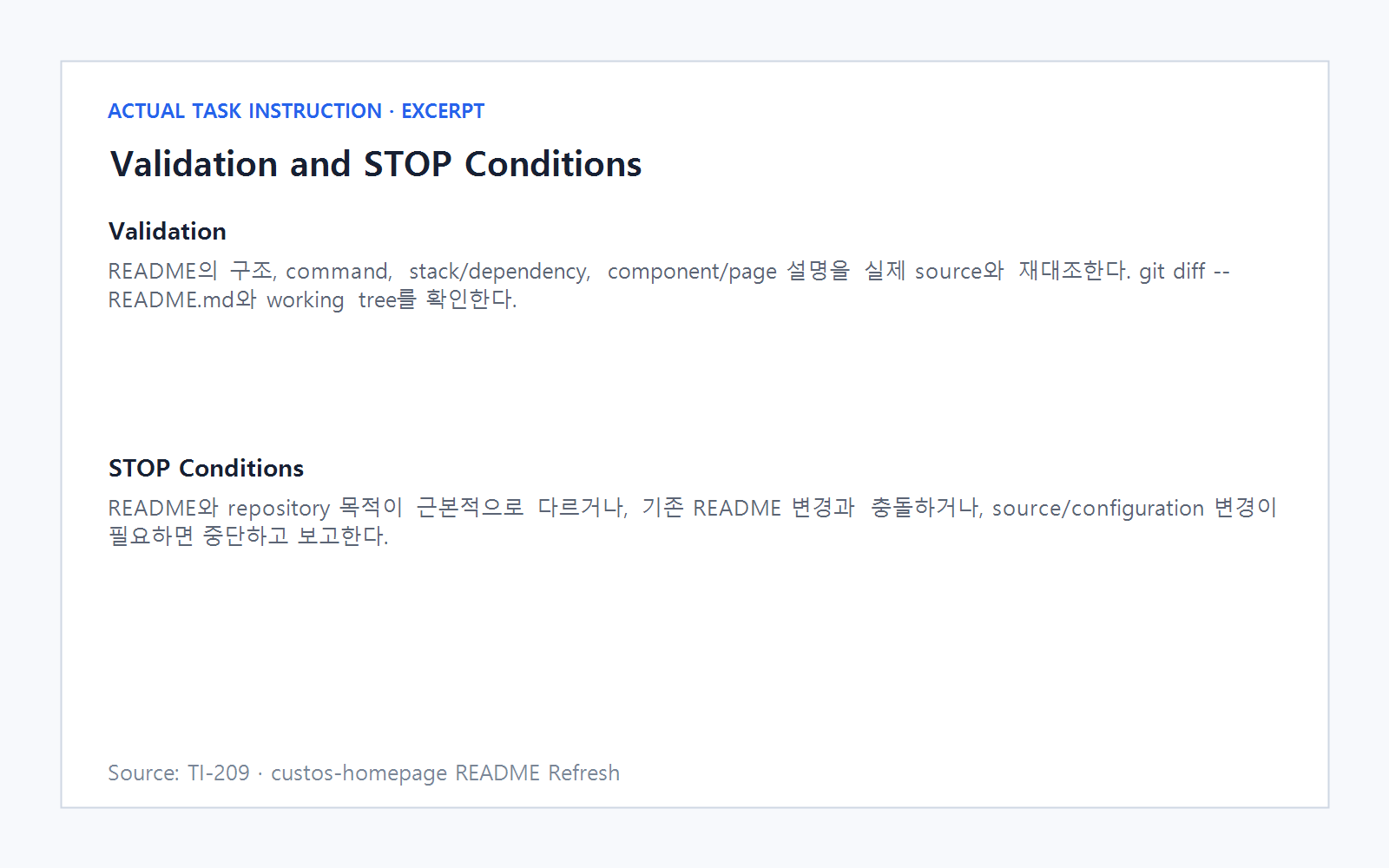실제 TI-209 작업지시서의 Validation과 STOP Conditions 일부