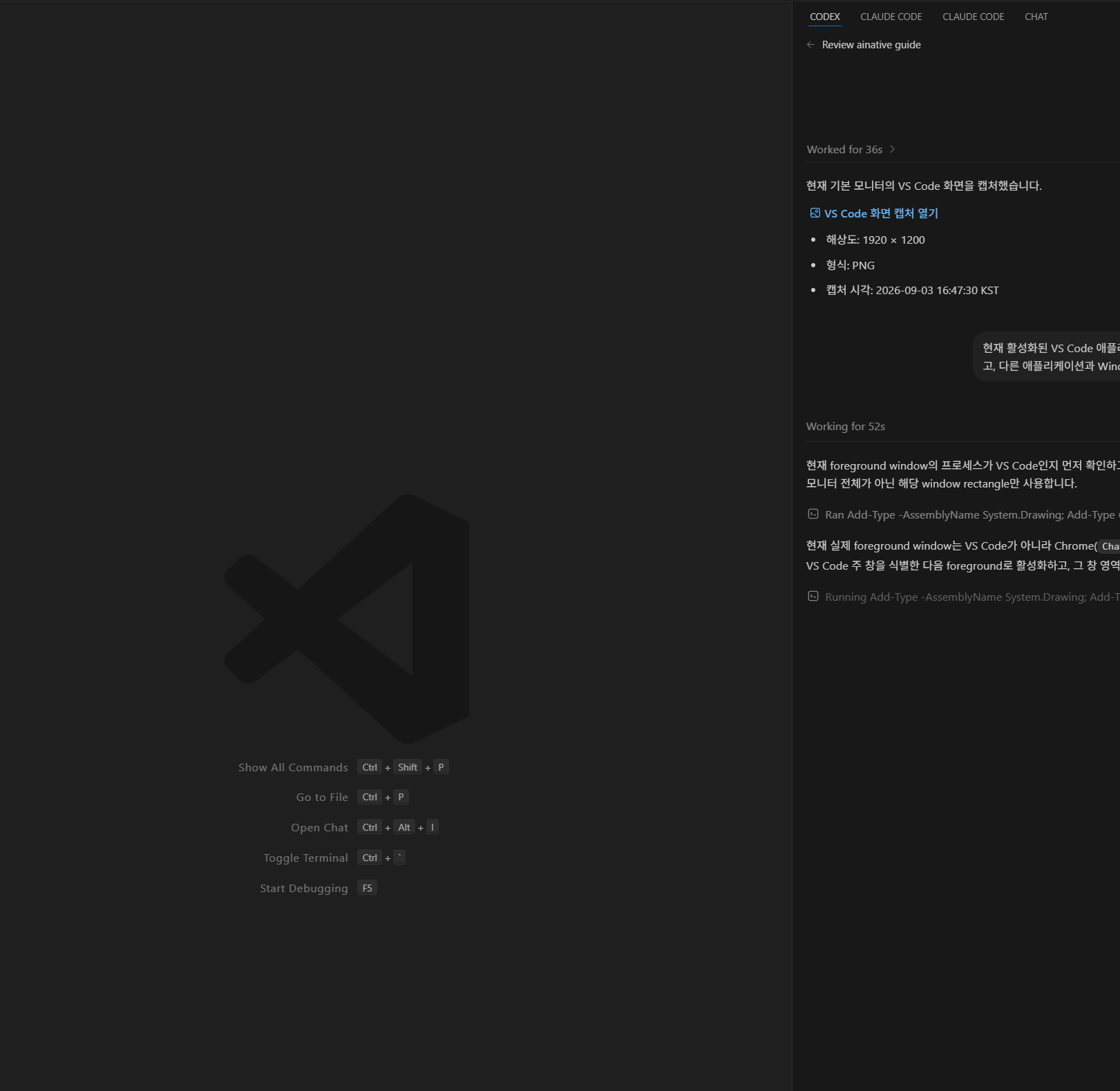 VS Code 편집기와 Coding Agent 패널을 함께 사용하는 실제 개발환경